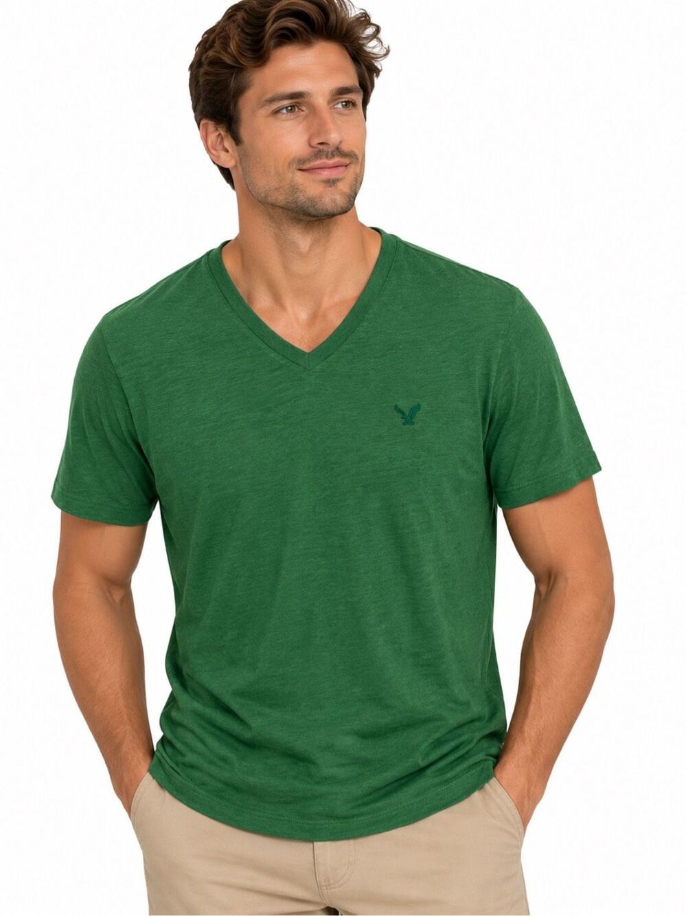American Eagle Outfitters Flex Green V-Neck Logo T-Shirt Short Sleeve Small